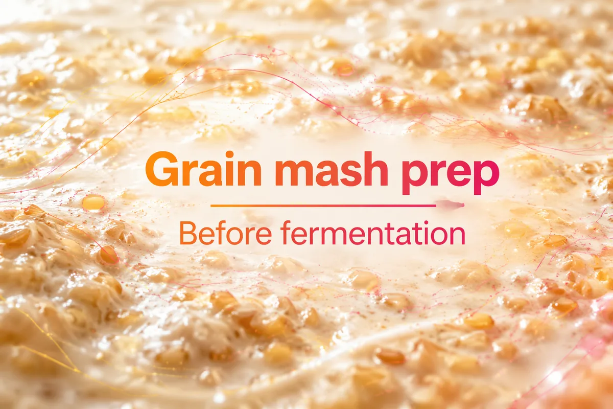 Close-up of cooked cereal grain mash being prepared for fermentation, with a text overlay reading Grain mash prep, Before fermentation